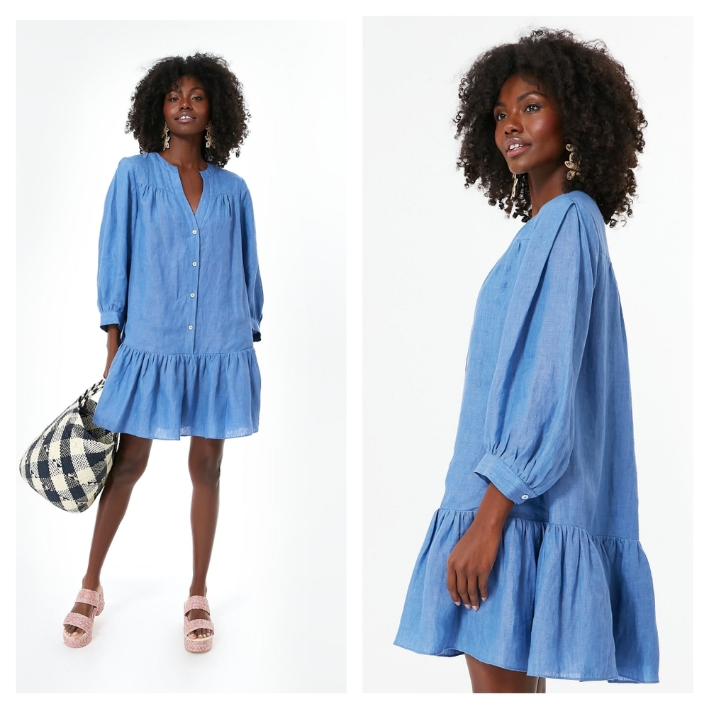 POMANDER PLACE Tuckernuck Lake Blue Frankie Linen Dress Small